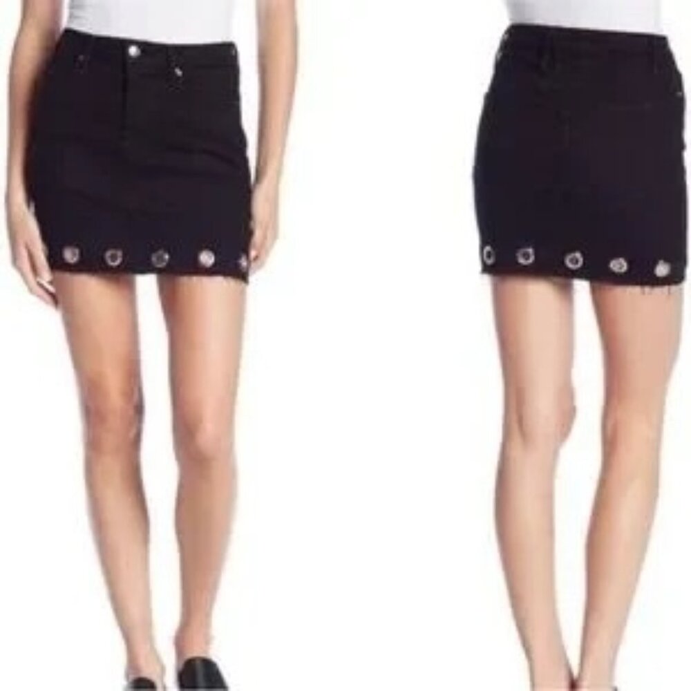 Good American Black Size 27 Denim Mini Skirt W/ Grommet Details & Distressed Hem